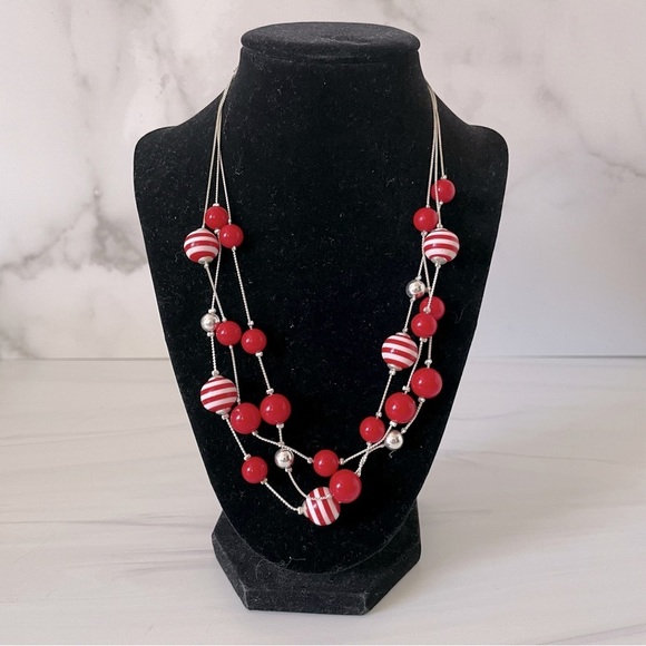 Red and White Stripe Ball Necklace- Silver Chain- Vintage- Costume Jewelry - Picture 1 of 3
